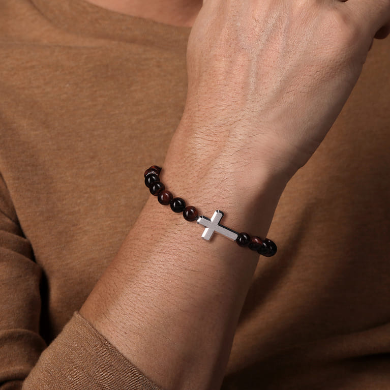 Sterling Silver and 8mm Tiger Eye Beaded Bracelet with Cross - Shot 3