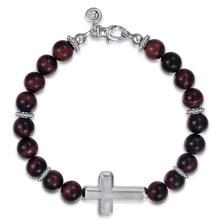 Sterling Silver and 8mm Tiger Eye Beaded Bracelet with Cross - Shot 1