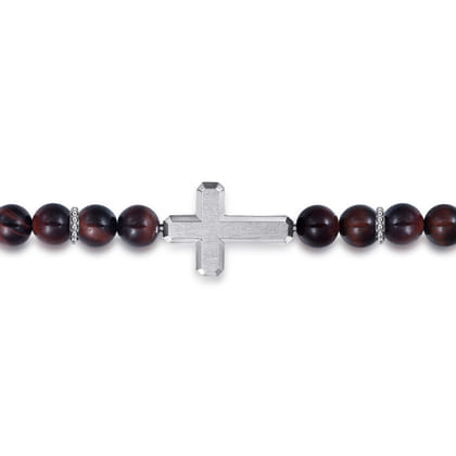Sterling Silver and 8mm Tiger Eye Beaded Bracelet with Cross