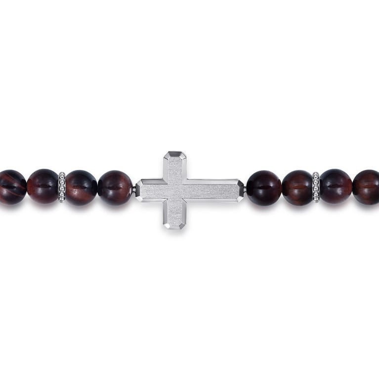 Sterling Silver and 8mm Tiger Eye Beaded Bracelet with Cross - Shot 2