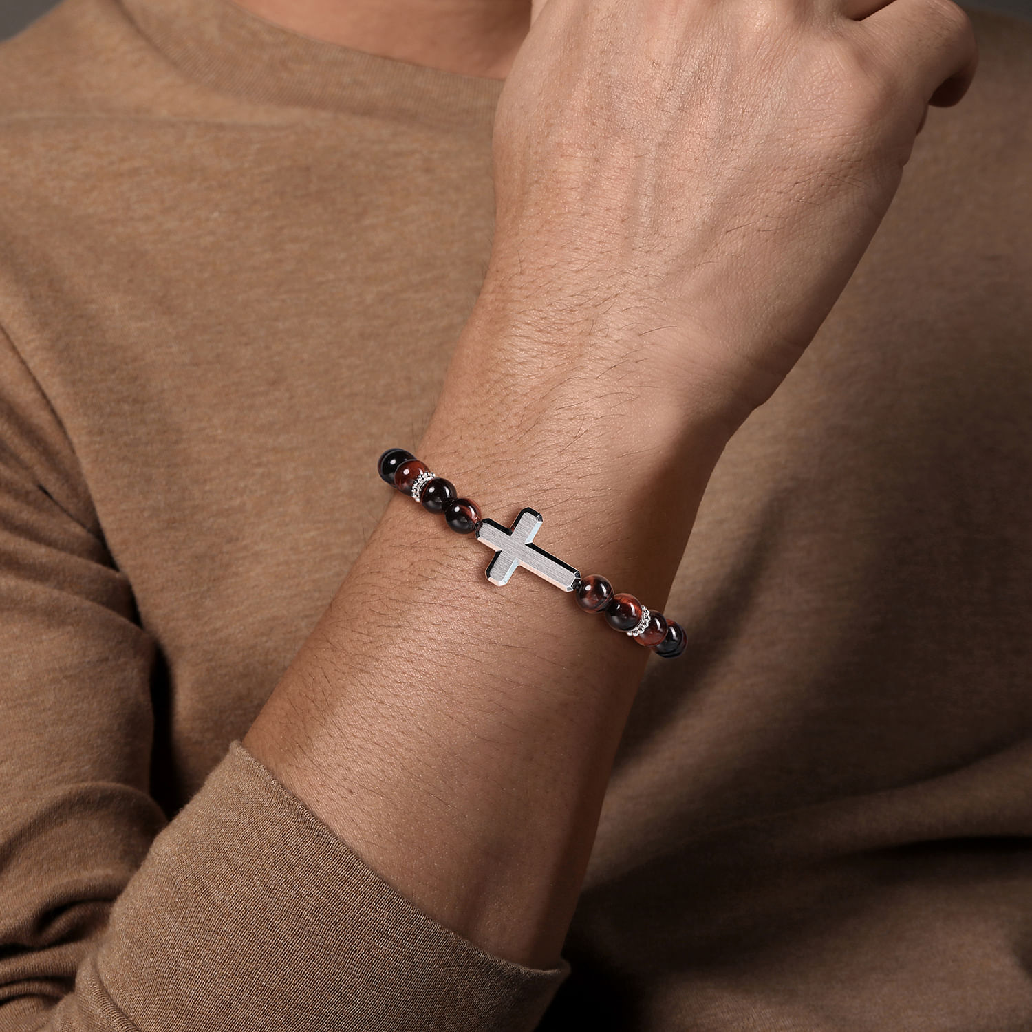 Sterling Silver and 8mm Tiger Eye Beaded Bracelet with Cross