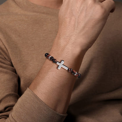 Sterling Silver and 8mm Tiger Eye Beaded Bracelet with Cross