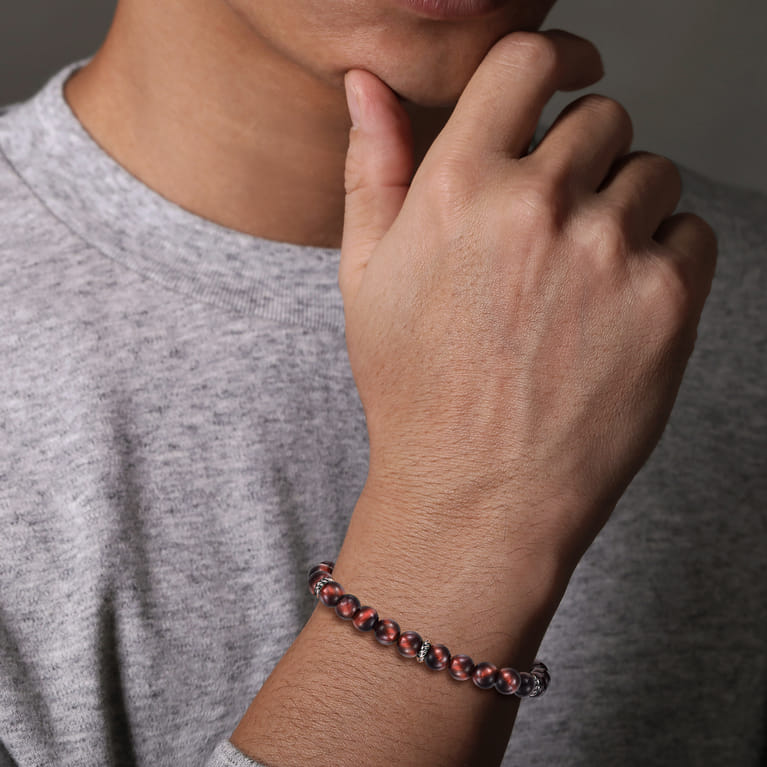 Sterling Silver and 8mm Tiger Eye Beaded Bracelet - Shot 3
