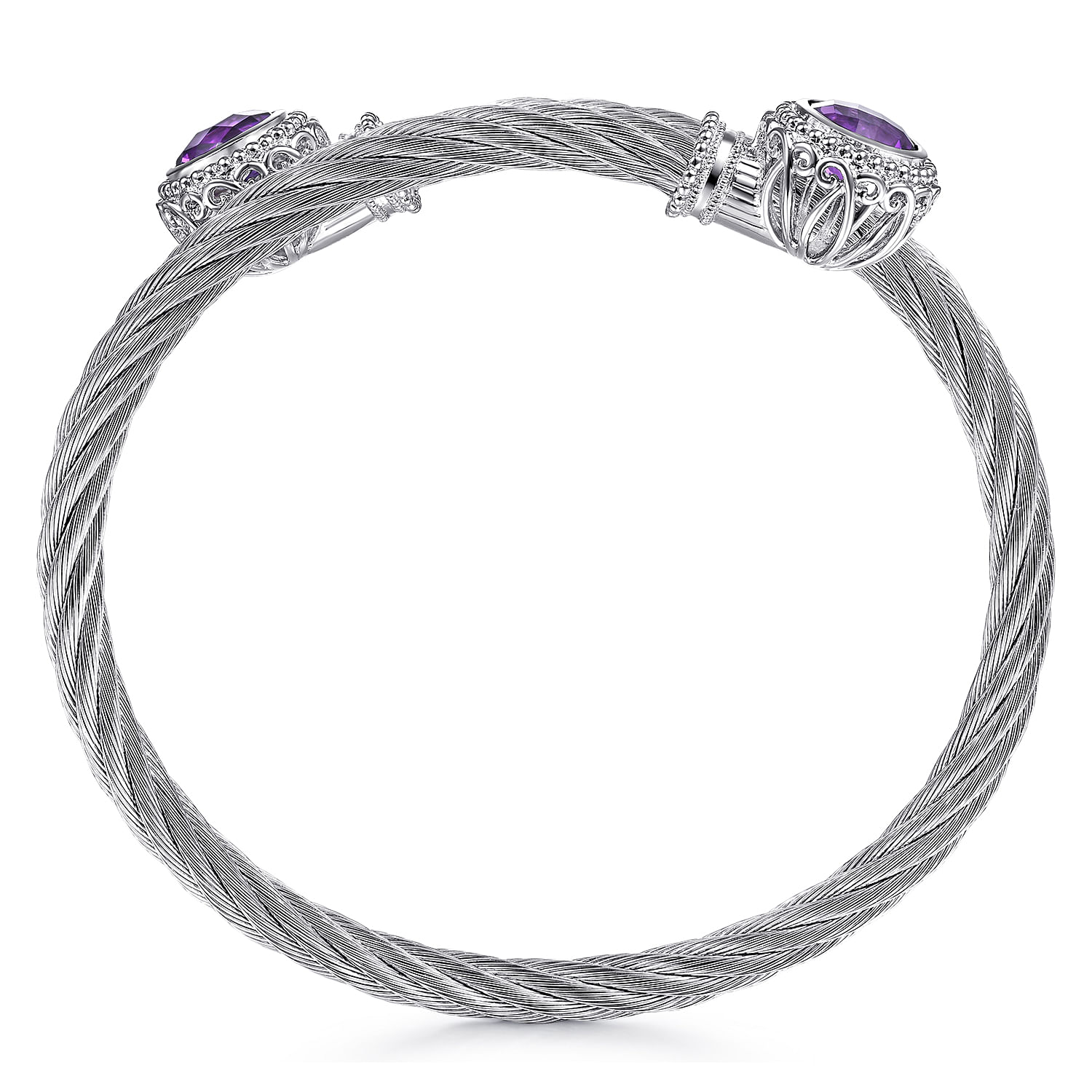 Sterling Silver and Twisted Cable Stainless Steel Amethyst Stone Bypass Bangle - Shot 3