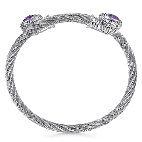 Sterling Silver and Twisted Cable Stainless Steel Amethyst Stone Bypass Bangle - Shot 3