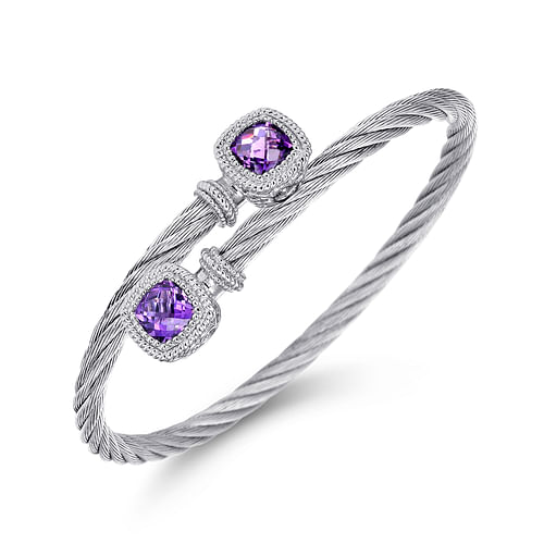 Sterling Silver and Twisted Cable Stainless Steel Amethyst Stone Bypass Bangle - Shot 2