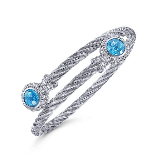 Sterling Silver and Twisted Cable Stainless Steel Blue Topaz Stone Bypass Bangle - Shot 2