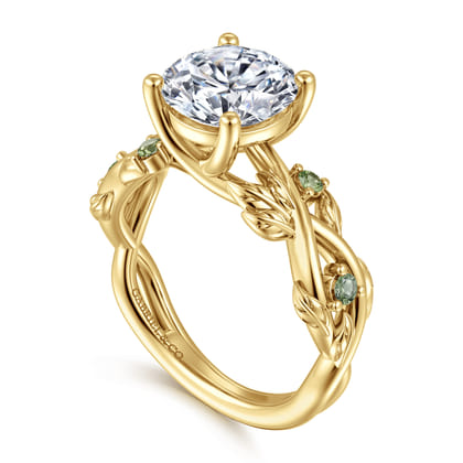 Strength - 14K Yellow Gold Twisted Round Green Sapphire and Diamod Engagement Ring