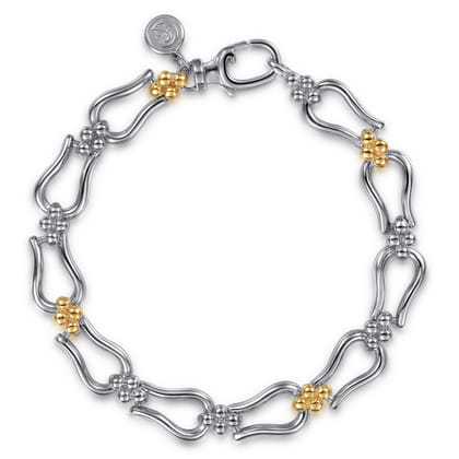Strides - 14K Yellow Gold and 925 Sterling Silver Bujukan Beaded Stirrup Link Chain Bracelet