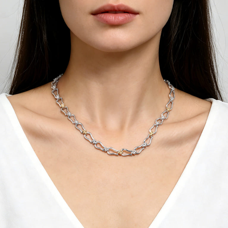 Strides - 14K Yellow Gold and 925 Sterling Silver Bujukan Beaded Stirrup Link Chain Necklace - Shot 4