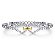 Strides - 14K Yellow Gold and 925 Sterling Silver Bujukan Beaded White Sapphire Stirrup Closed Bangle Bracelet