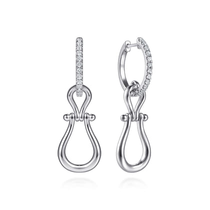 Strides - 925 Sterling Silver Bujukan Stirrup White Sapphire Huggie Drop Earrings