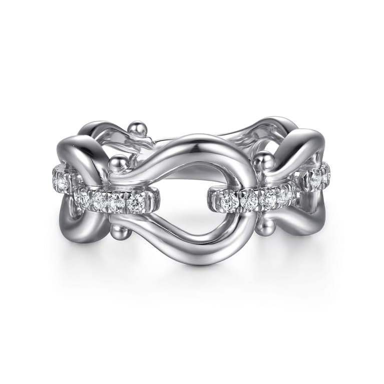 Strides - 925 Sterling Silver Bujukan Stirrup White Sapphire Link Chain Ring - Shot 1