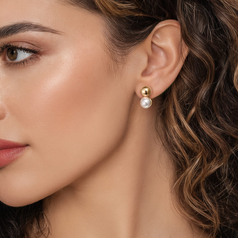Stud Earrings 14K Yellow Gold Bujukan Pearl Studs - Shot 3