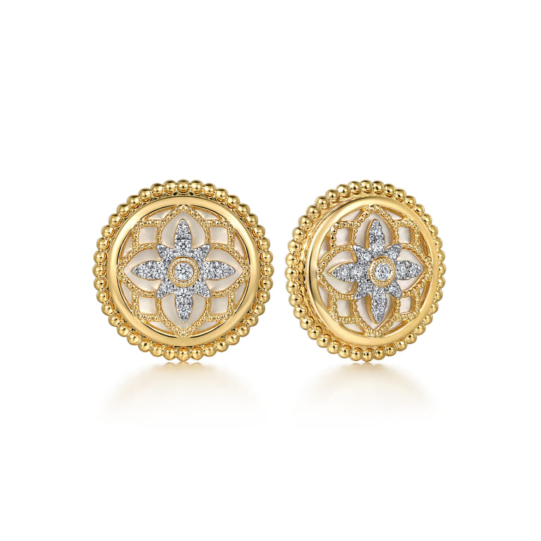 Stud Earrings 14K Yellow Gold Diamond and White Mother of Pearl 0.13ct Bujukan - 0.13 ct - Shot 1