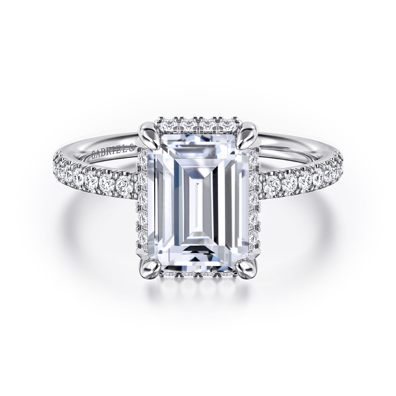 Suede - 14K White Gold Emerald Cut Hidden Halo Diamond Engagement Ring
