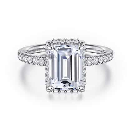 Suede - 14K White Gold Emerald Cut Hidden Halo Diamond Engagement Ring