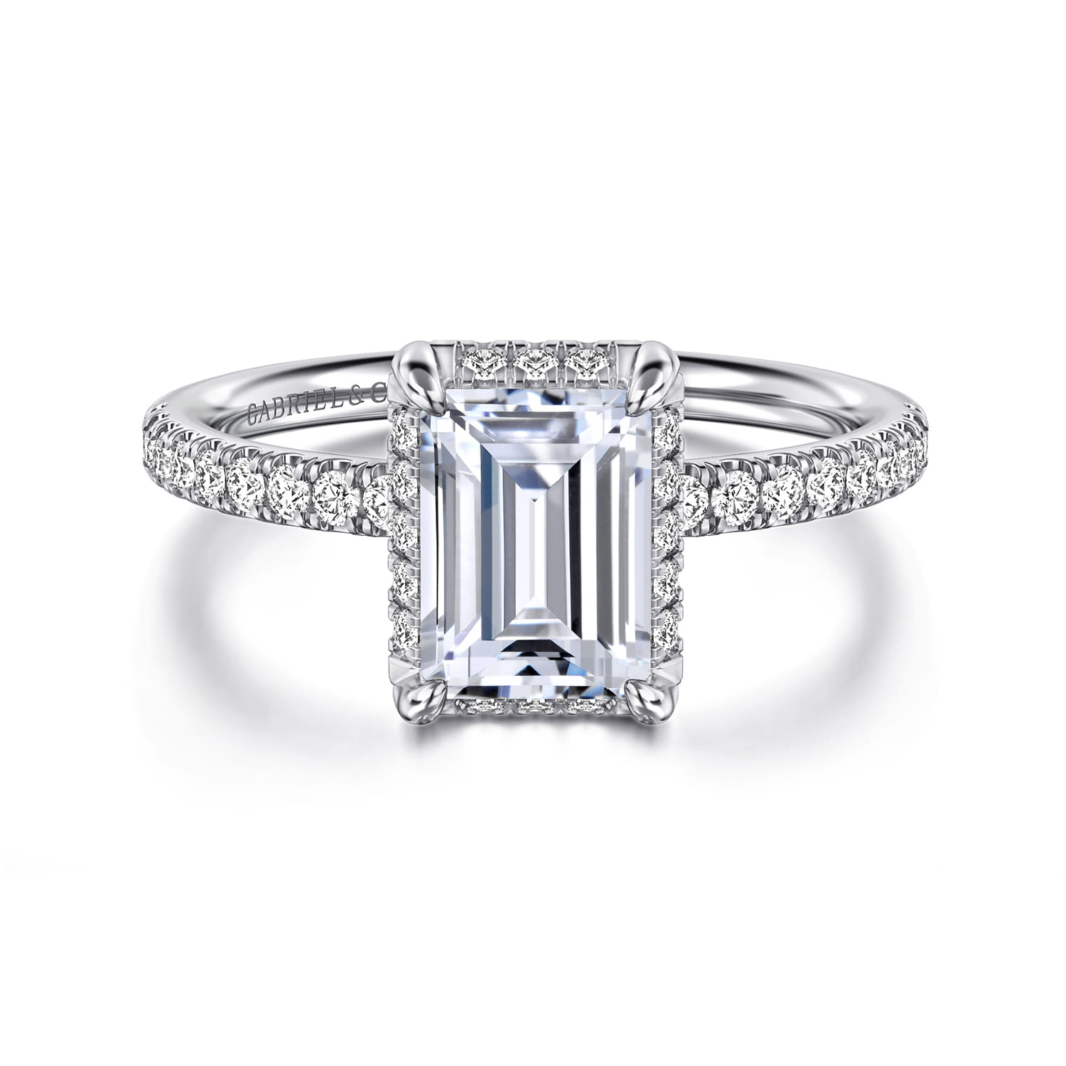 Suede - 14K White Gold Emerald Cut Hidden Halo Diamond Engagement Ring