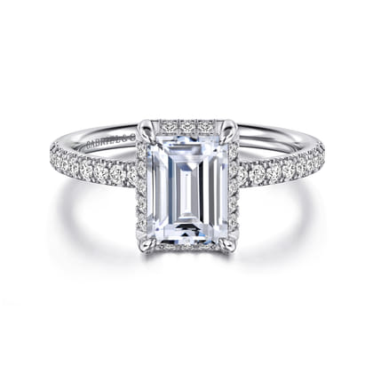 Suede - 14K White Gold Emerald Cut Hidden Halo Diamond Engagement Ring