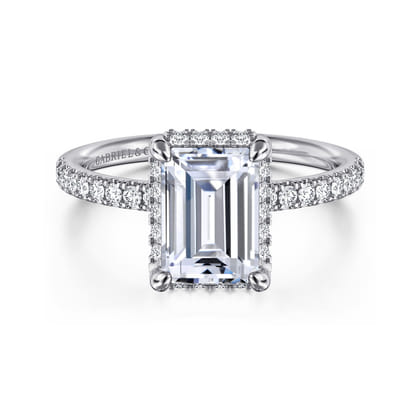 Suede - 14K White Gold Emerald Cut Hidden Halo Diamond Engagement Ring