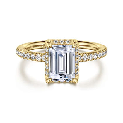 Suede - 14K Yellow Gold Emerald Cut Hidden Halo Diamond Engagement Ring
