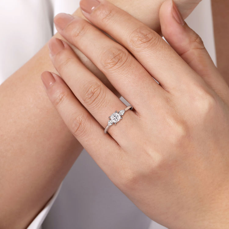 Sunday - 14K White Gold Cushion Cut 3 Stone Diamond Engagement Ring