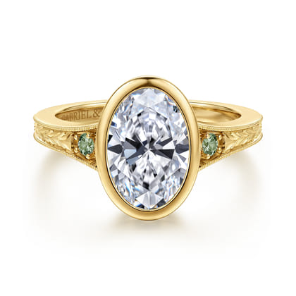 Sunshine - Vintage Inspired 14K Yellow Gold Oval Three Stone Green Sapphire and Diamod Engagement Ring