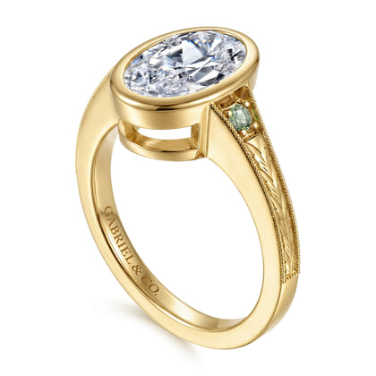 Sunshine - Vintage Inspired 14K Yellow Gold Oval Three Stone Green Sapphire and Diamod Engagement Ring