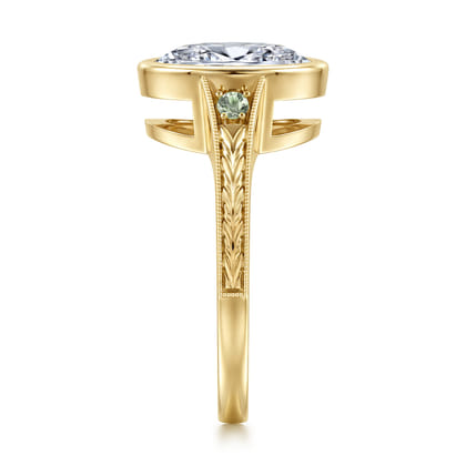 Sunshine - Vintage Inspired 14K Yellow Gold Oval Three Stone Green Sapphire and Diamod Engagement Ring