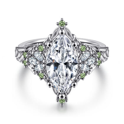 Swift - 14K White Gold Marquise Shape Cluster Green Sapphire and Diamond Engagement Ring