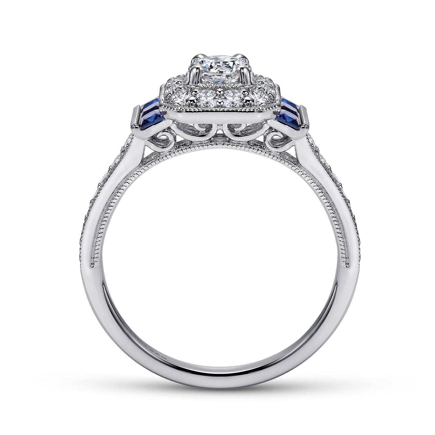Sylvia - Vintage Inspired 14K White Gold Round Halo Sapphire and Diamond Channel Set Engagement Ring - 0.38 ct - Shot 2