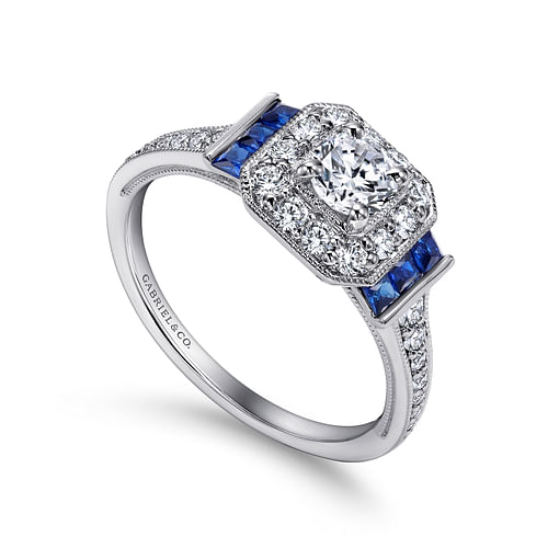 Sylvia - Vintage Inspired 14K White Gold Round Halo Sapphire and Diamond Channel Set Engagement Ring - 0.38 ct - Shot 3