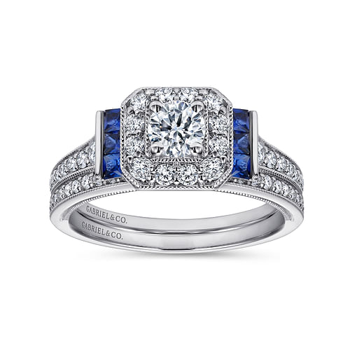 Sylvia - Vintage Inspired 14K White Gold Round Halo Sapphire and Diamond Channel Set Engagement Ring - 0.38 ct - Shot 4