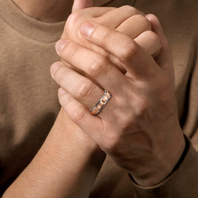Talon - 14K White and Rose Gold Plain Men's Wedding Band - Shot 5