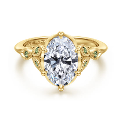 Tammy - Vintage Inspired 14K Yellow Gold Oval Green Sapphire and Diamod Engagement Ring
