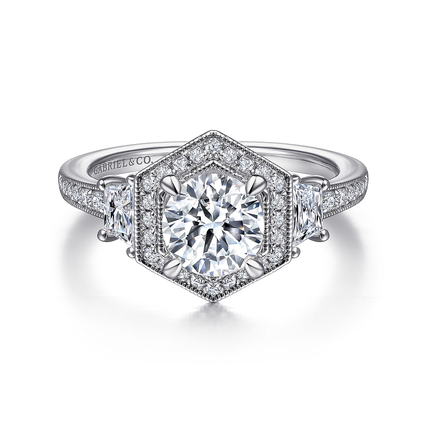 Art Deco 14K White Gold Hexagonal Halo Round Three Stone Diamond Engagement Ring 6000. Shop Jewelry Gabriel Co