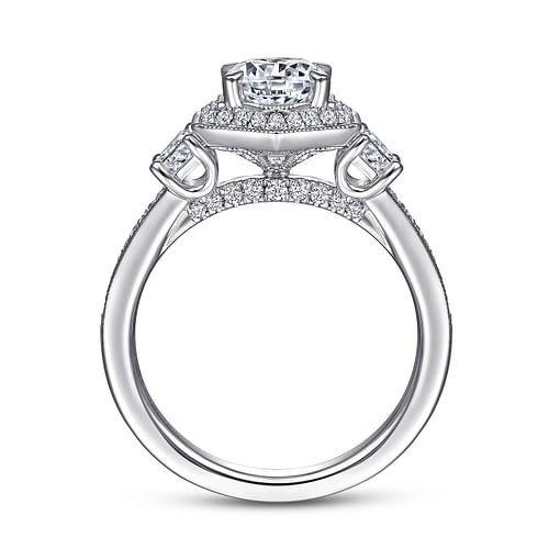 Terza - Art Deco 14K White Gold Hexagonal Halo Round Three Stone Diamond Engagement Ring - 0.75 ct - Shot 2
