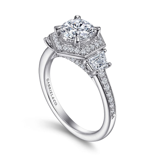 Terza - Art Deco 14K White Gold Hexagonal Halo Round Three Stone Diamond Engagement Ring - 0.75 ct - Shot 3