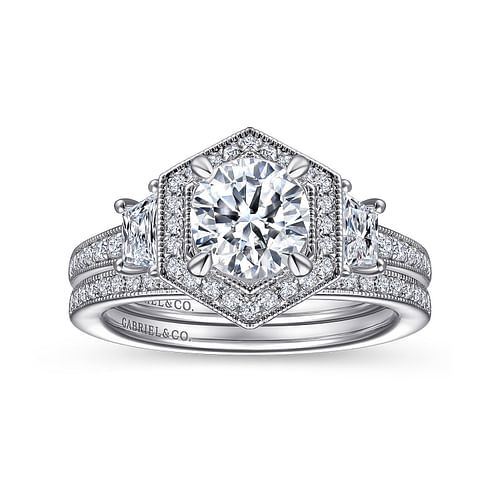 Terza - Art Deco 14K White Gold Hexagonal Halo Round Three Stone Diamond Engagement Ring - 0.75 ct - Shot 4