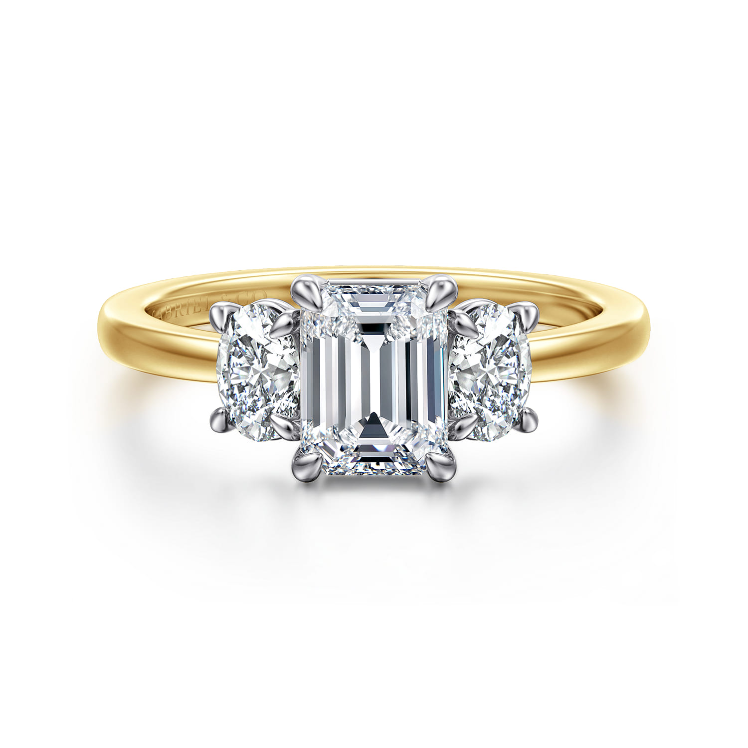 Thalina - 14K White-Yellow Gold Emerald Cut Three Stone Diamond Engagement Ring
