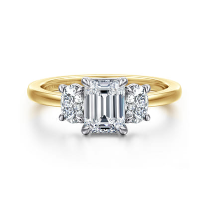 Thalina - 14K White-Yellow Gold Emerald Cut Three Stone Diamond Engagement Ring