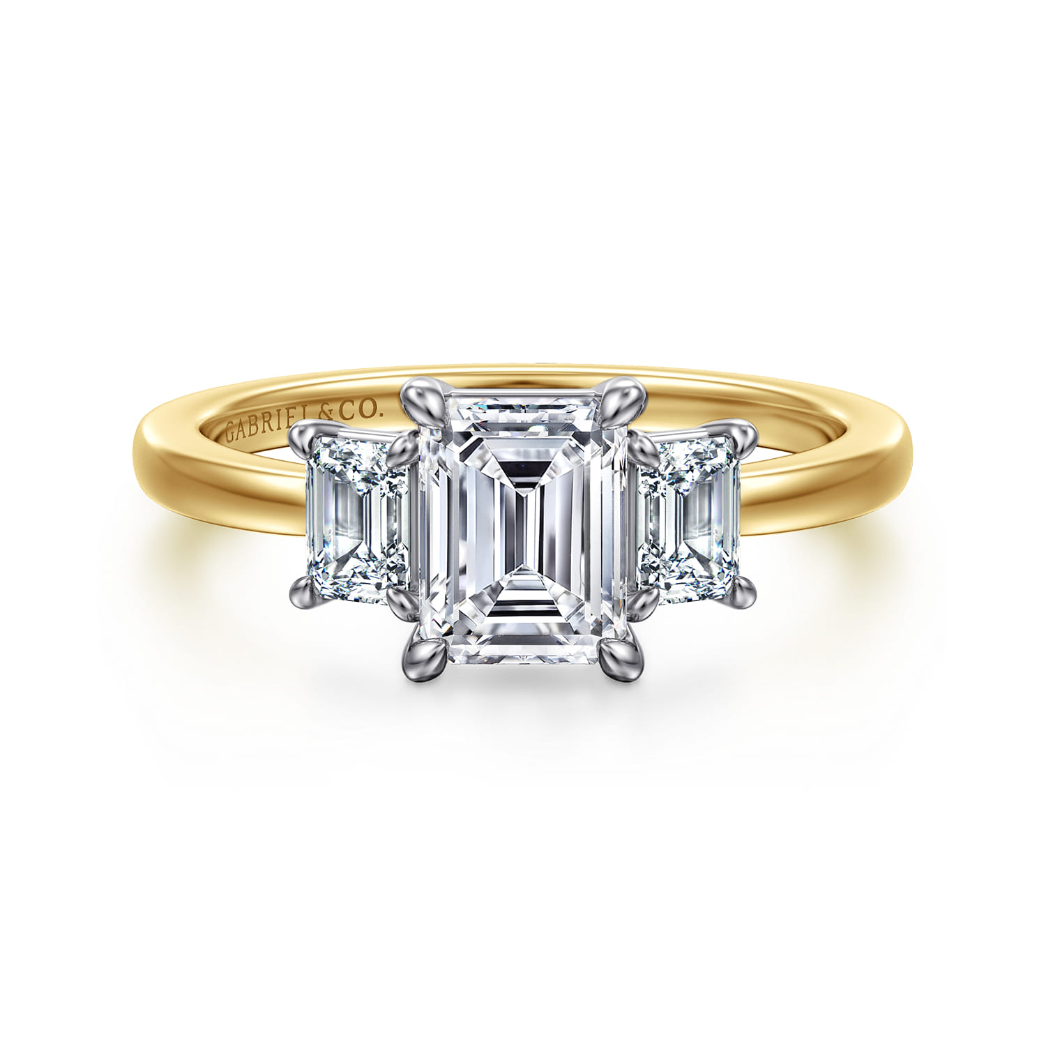 Thalina - 14K White-Yellow Gold Emerald Cut Three Stone Diamond Engagement Ring
