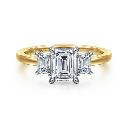 Thalina - 14K White-Yellow Gold Emerald Cut Three Stone Diamond Engagement Ring