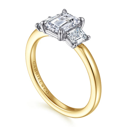 Thalina - 14K White-Yellow Gold Emerald Cut Three Stone Diamond Engagement Ring