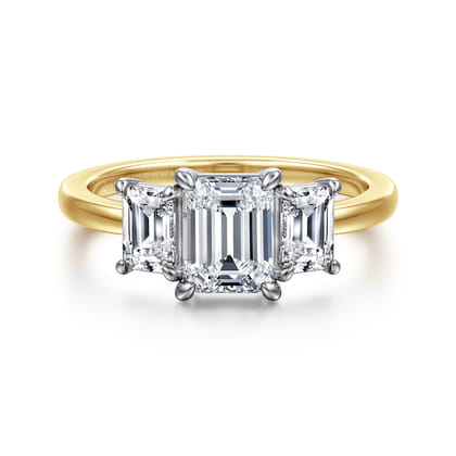 Thalina - 14K White-Yellow Gold Emerald Cut Three Stone Diamond Engagement Ring