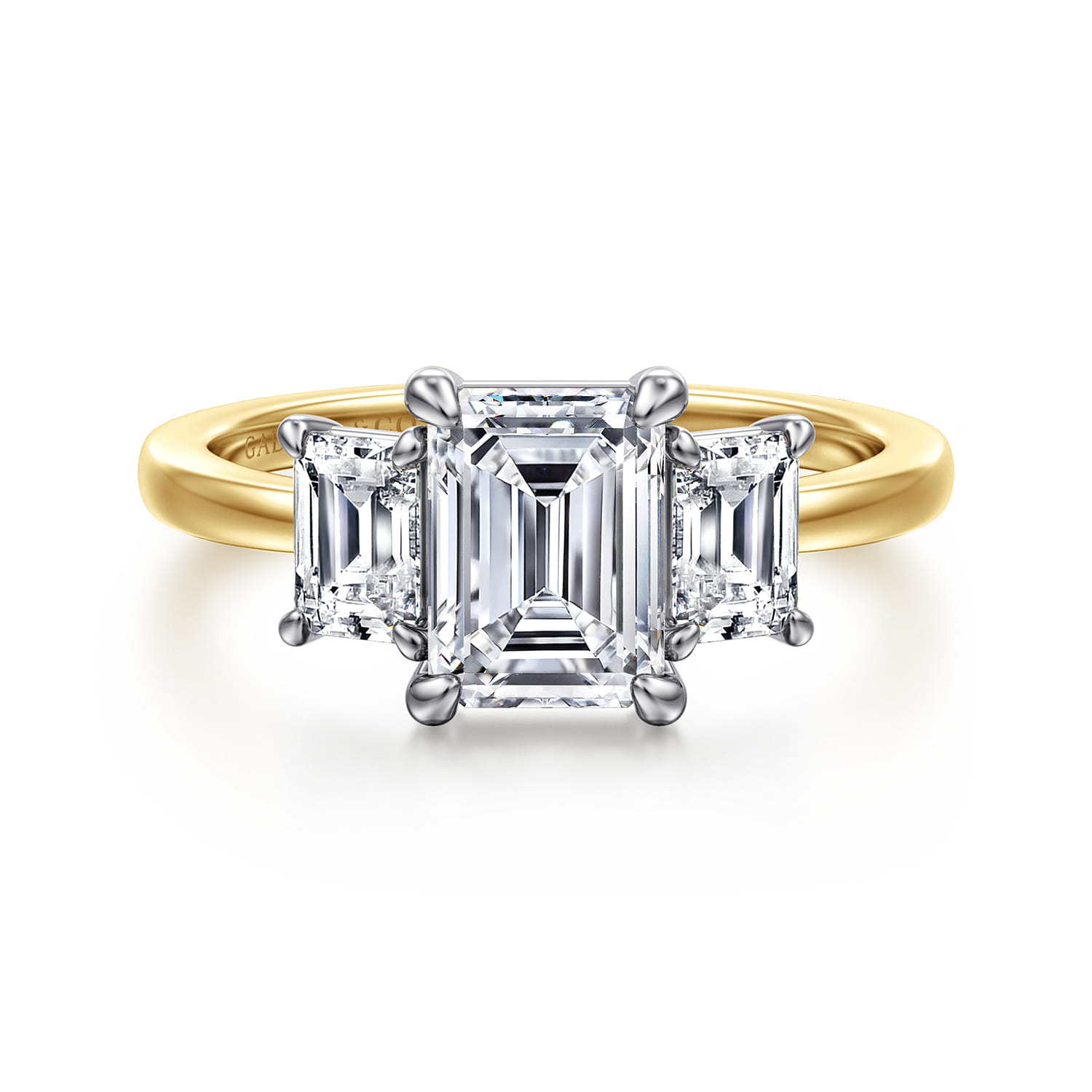 Thalina - 14K White-Yellow Gold Emerald Cut Three Stone Diamond Engagement Ring
