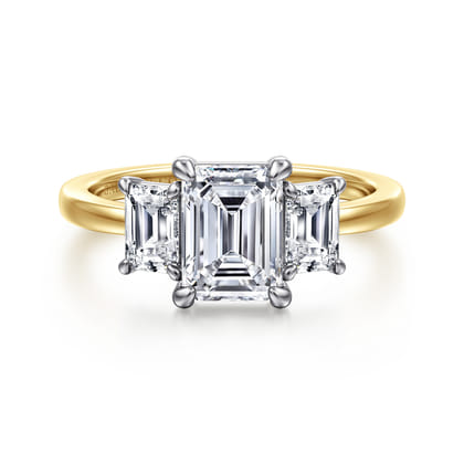 Thalina - 14K White-Yellow Gold Emerald Cut Three Stone Diamond Engagement Ring