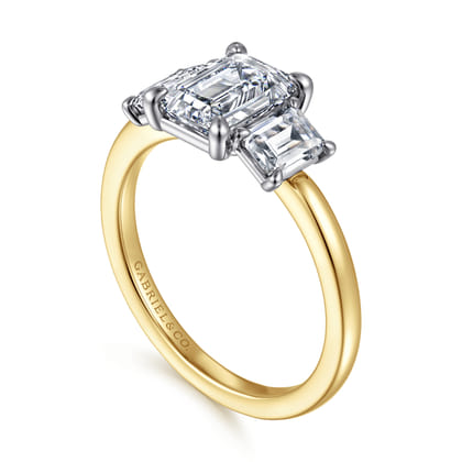 Thalina - 14K White-Yellow Gold Emerald Cut Three Stone Diamond Engagement Ring