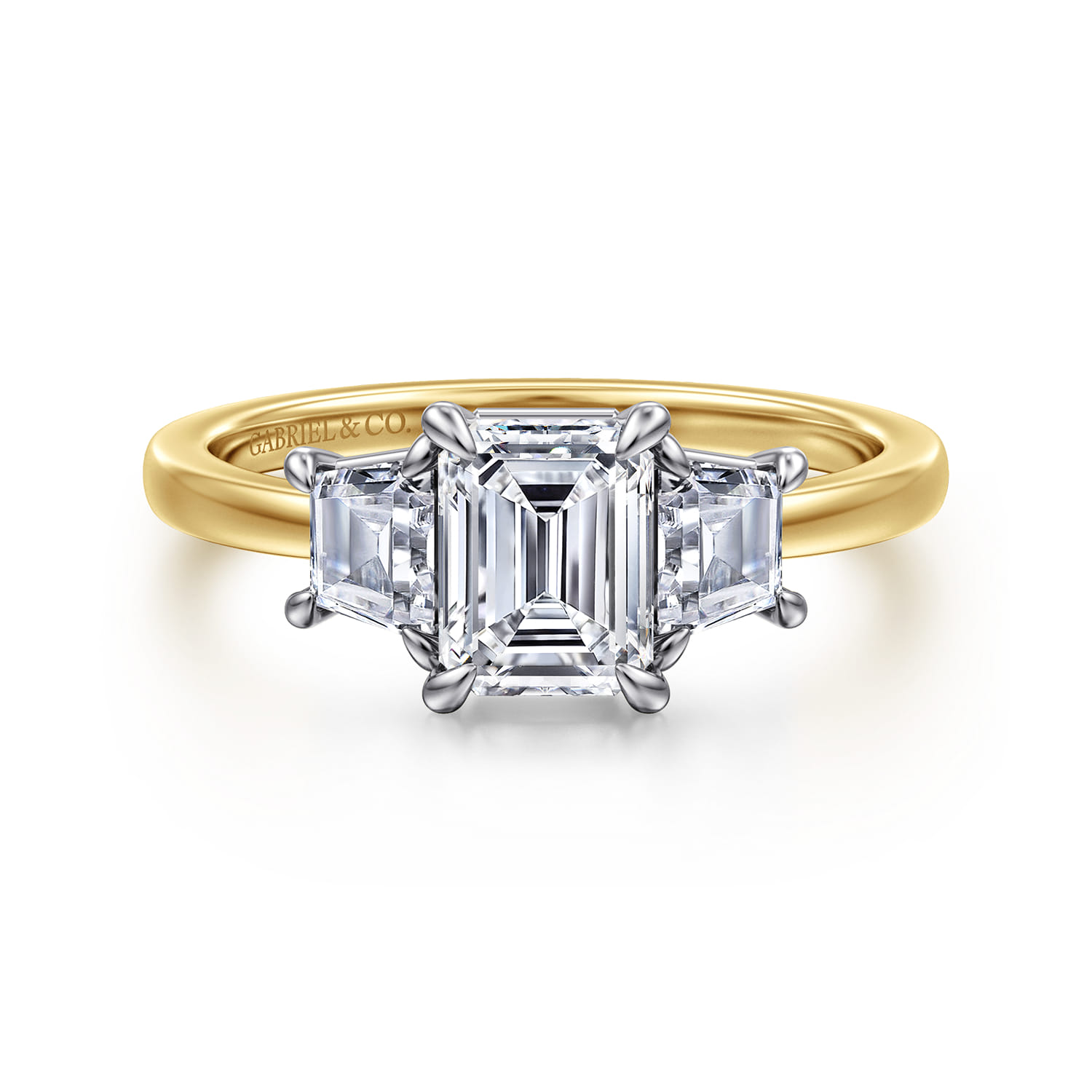 Thalina - 14K White-Yellow Gold Emerald Cut Three Stone Diamond Engagement Ring