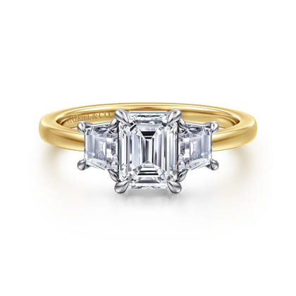Thalina - 14K White-Yellow Gold Emerald Cut Three Stone Diamond Engagement Ring